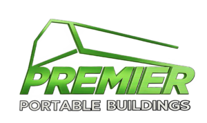 Premier Portable Buildings logo, featuring a green line art drawing of a barn above the word 'PREMIER' in large green letters and 'PORTABLE BUILDINGS' in smaller black letters below.