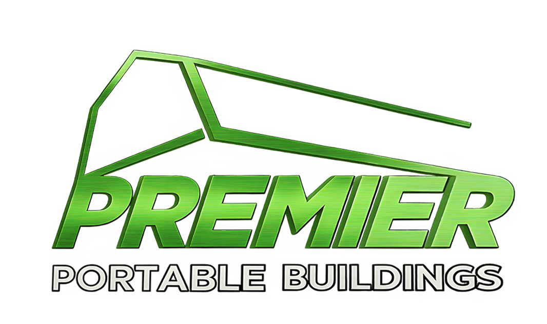 Premier Portable Buildings logo, featuring a green line art drawing of a barn above the word 'PREMIER' in large green letters and 'PORTABLE BUILDINGS' in smaller black letters below.