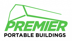 Premier Portable Buildings logo, featuring a green line art drawing of a barn above the word 'PREMIER' in large green letters and 'PORTABLE BUILDINGS' in smaller black letters below.