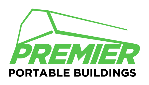 Premier Portable Buildings logo, featuring a green line art drawing of a barn above the word 'PREMIER' in large green letters and 'PORTABLE BUILDINGS' in smaller black letters below.
