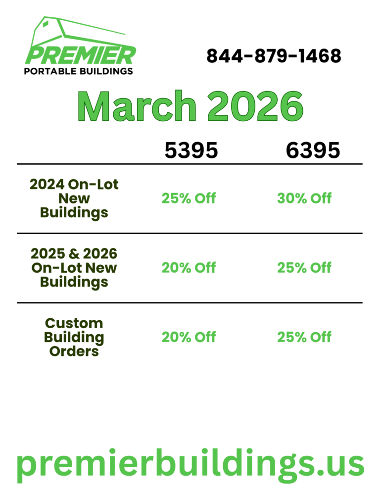 Premier Portable Buildings March 2026 Promotional Sheet.