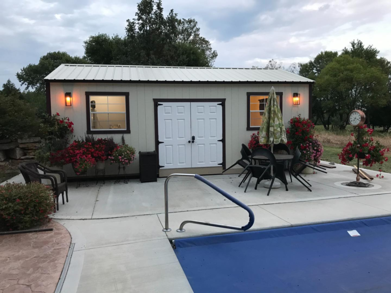 Premier Portable Buildings Side Utility turned into a Pool Shack