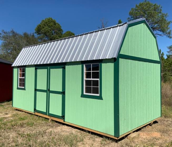 Premier Portable Buildings Side Lofted Barn in Coral with Green Trim