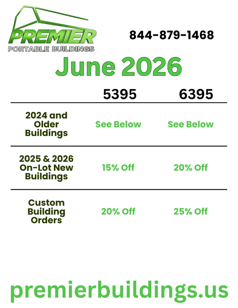 June Sales Flyer for Premier Portable Buildings Lot Locations.