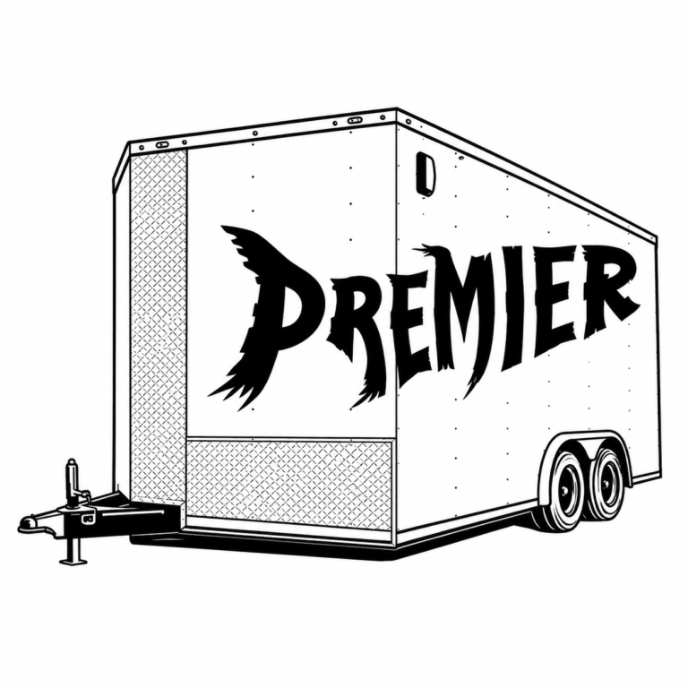 Image of a Trailers by Premier Line Drawing of an enclosed trailer with the Premier logo centered on the trailer.