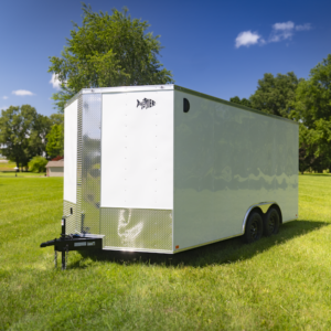 Image of a Trailers by Premier 8.5x16 Enclosed Trailer with dual axles, ramp door, and side entry door.