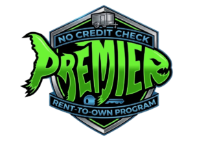 Image of the Trailers by Premier logo in a shield displaying No Credit Check Rent-To-Own Program Verbiage.