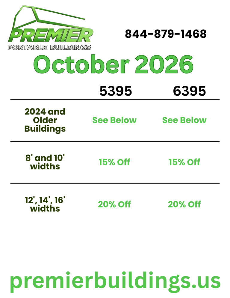 October Sales Flyer for Premier Portable Buildings Lot Locations.